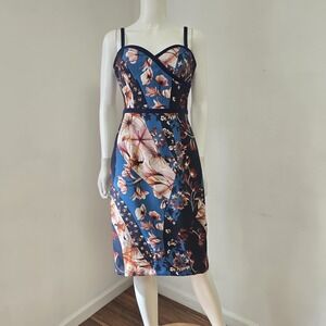Black Halo Daria Short Corset Floral Dress Sweetheart Neckline Size 6 Blue Black